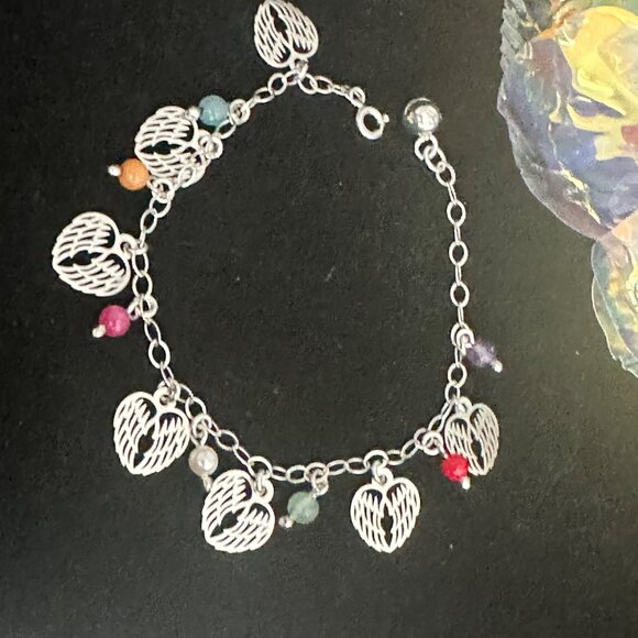 Silver 925 Bracelet With Angel Wing Charms & Chakra Stones Handcrafted Boho Desi - Picture 7 of 10